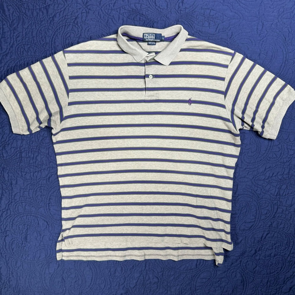 VNTG Polo by Ralph Lauren Mens Striped Polo Shirt Cotton Purple Joker USA HOLES!